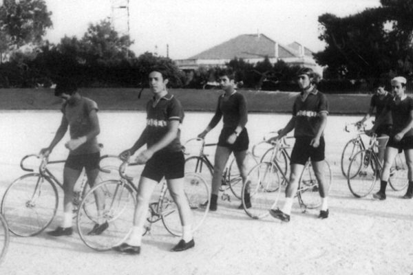 Team parade before the start of the Greek Track Championship, led by the athletes of Colossus. Left to right - Kyriakos Karagiannis, Michalis Kountras and Vassilis Hatzimichalis.