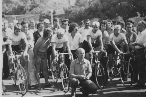 The Greek national team at the start of the 100km Team Time Trial. From left - Stelios Vaskos, Pantelis Manikaros, Michalis Koudras and Nikos Louloukos, with the long-time manager of the Greek national team, Michalis Gikatos.