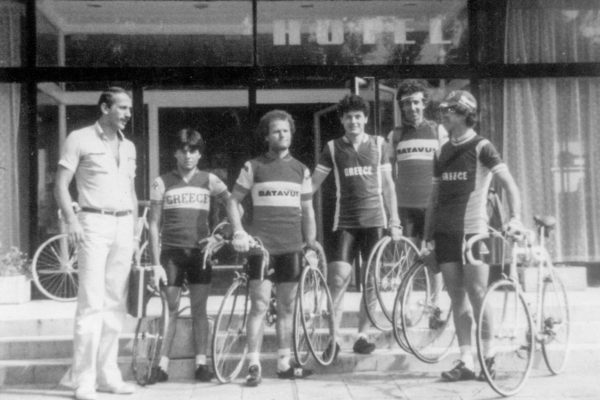 The Greek national track team in Bulgaria. From  left - Giannis Fotinos, Pantelis Manikaros, Grigoris Sakellaris, Michalis Kountras, Giorgos Vogiatzis.