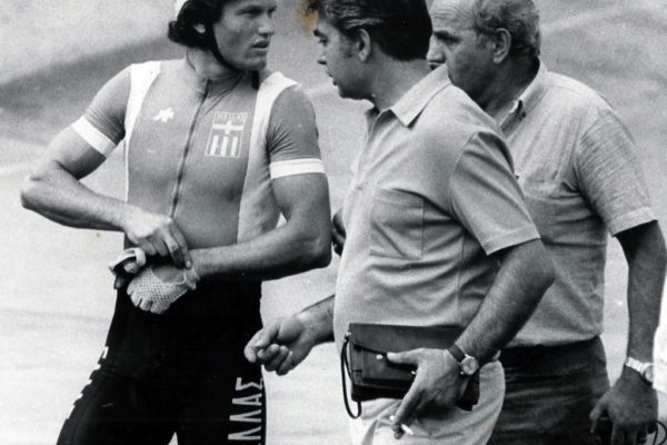 Sofia Cup. Pantelis Manikaros going to the start accompanied by the Greek national coach, Bulgarian Bojian Kotseff and team manager Andrew Polychronis.